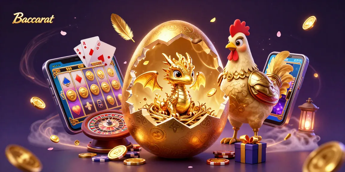 Baccarat game illustration featuring a golden dragon and poker chips amidst casino elements.