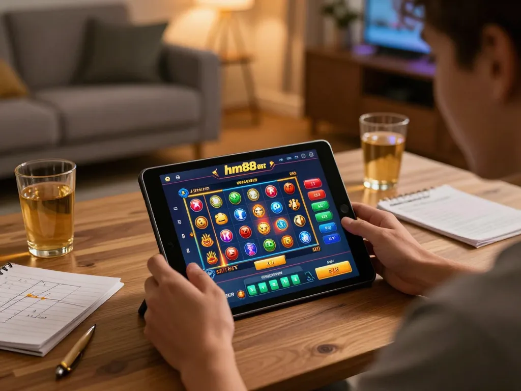 Engaging in hm88 bet gameplay, vibrant online slot interface displayed on tablet with lively home setting