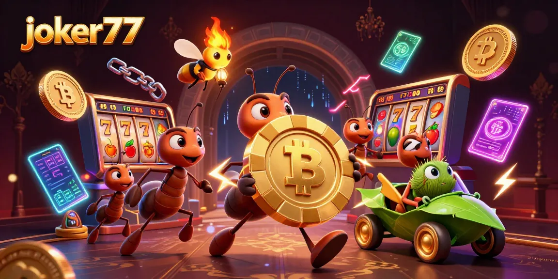 Experience thrilling gameplay at joker77 with cartoon ants heisting a massive poker chip.