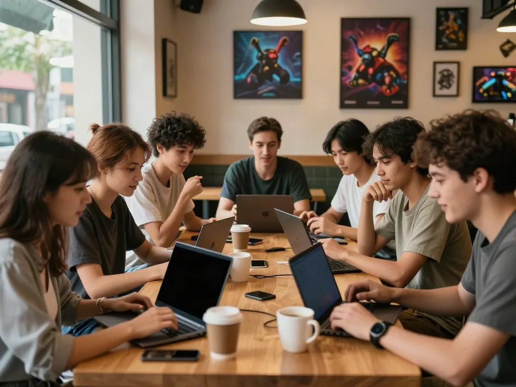 Friends discussing akunjp while enjoying coffee in a cozy café, showcasing digital devices and gaming art.