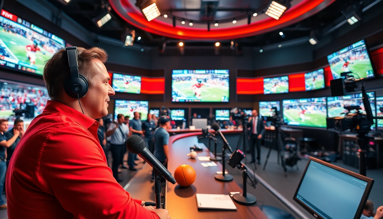 Engaging sports broadcasting studio showcasing dynamic hosts and high-tech equipment.