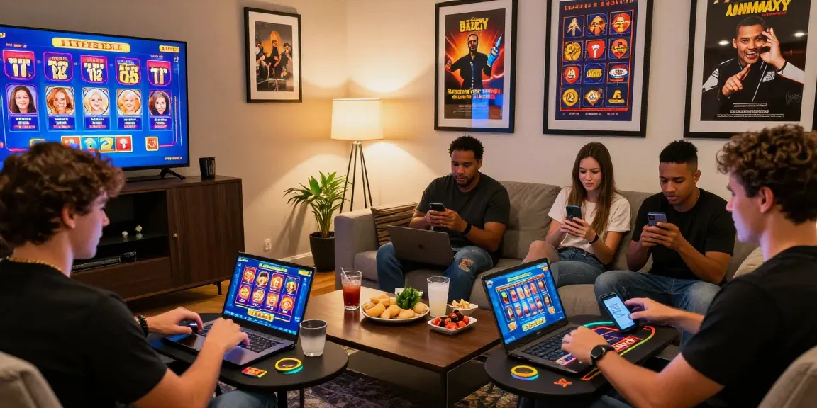 Players enjoying online casinos Australia in a lively home setting with colorful gaming displays.