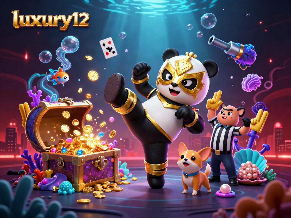 Memenangkan permainan dengan luxury12 saat panda pegulat terbang dan hewan penonton bersorak di kasino.