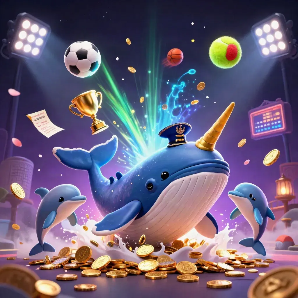 Whale captain, narwhal, and dolphins burst through coins with flying sports balls and neon casino lights