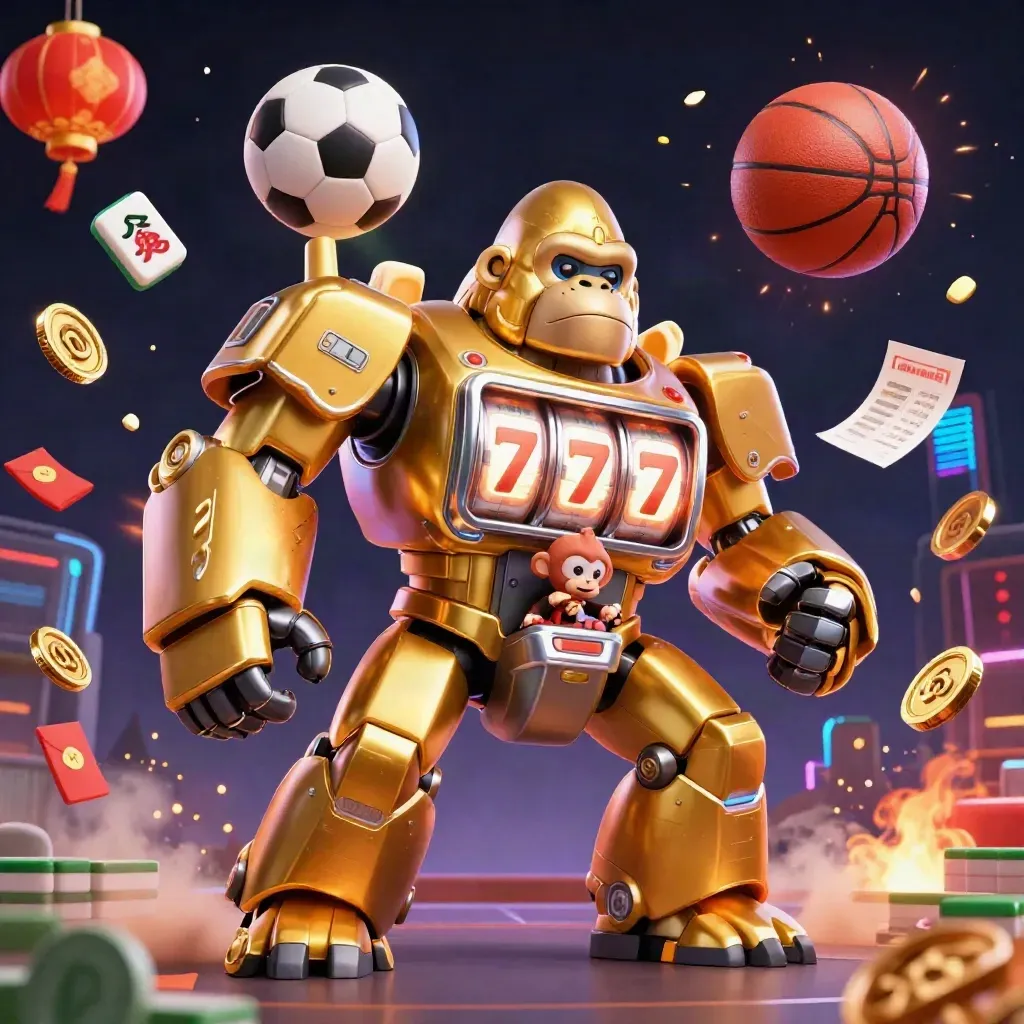 Golden slot-mech gorilla with monkey pilot, sports balls, and neon casino effects on a dark grid.