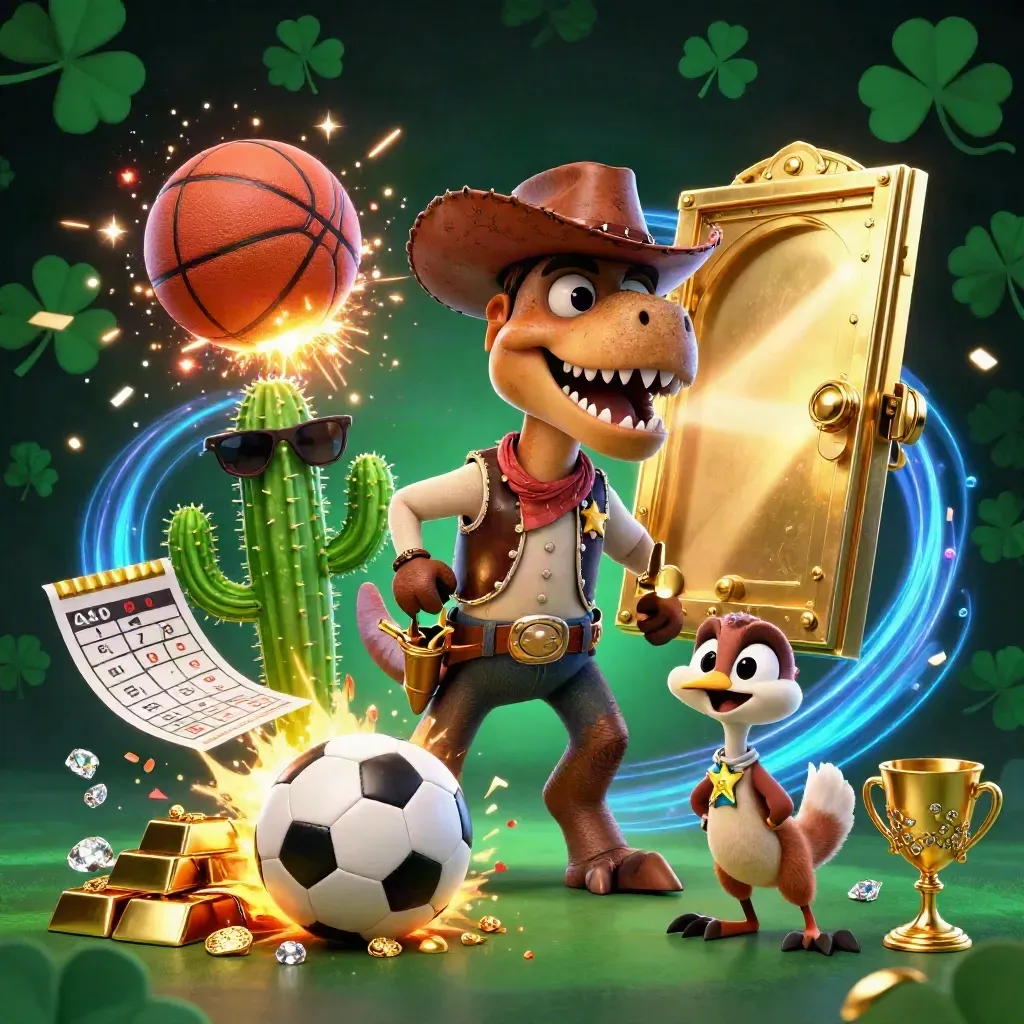 Cowboy T-Rex trio by a bursting treasure vault with casino gold and neon sports props.
