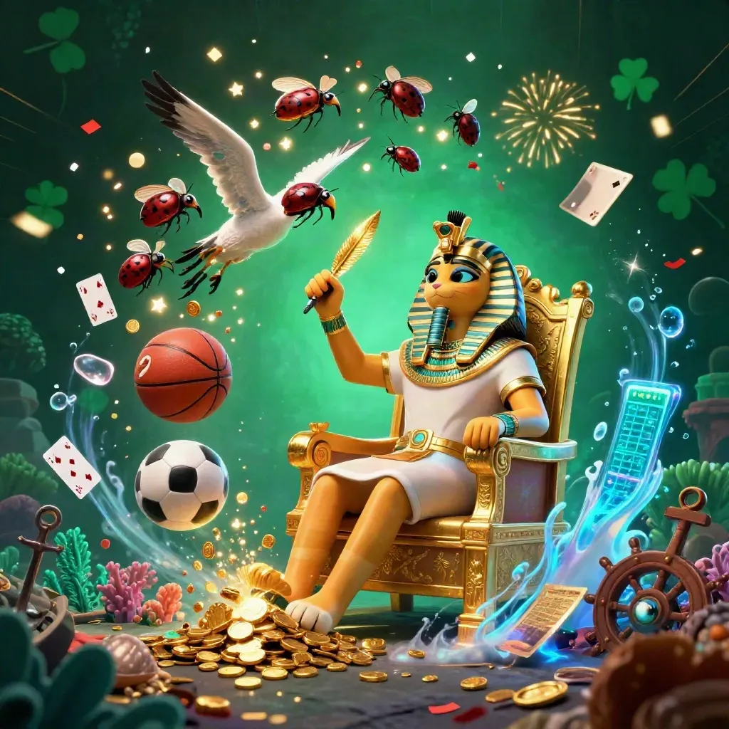 Pharaoh cat, ibis scribe, and scarab beetles amid coins, coral, balls, and casino glow.