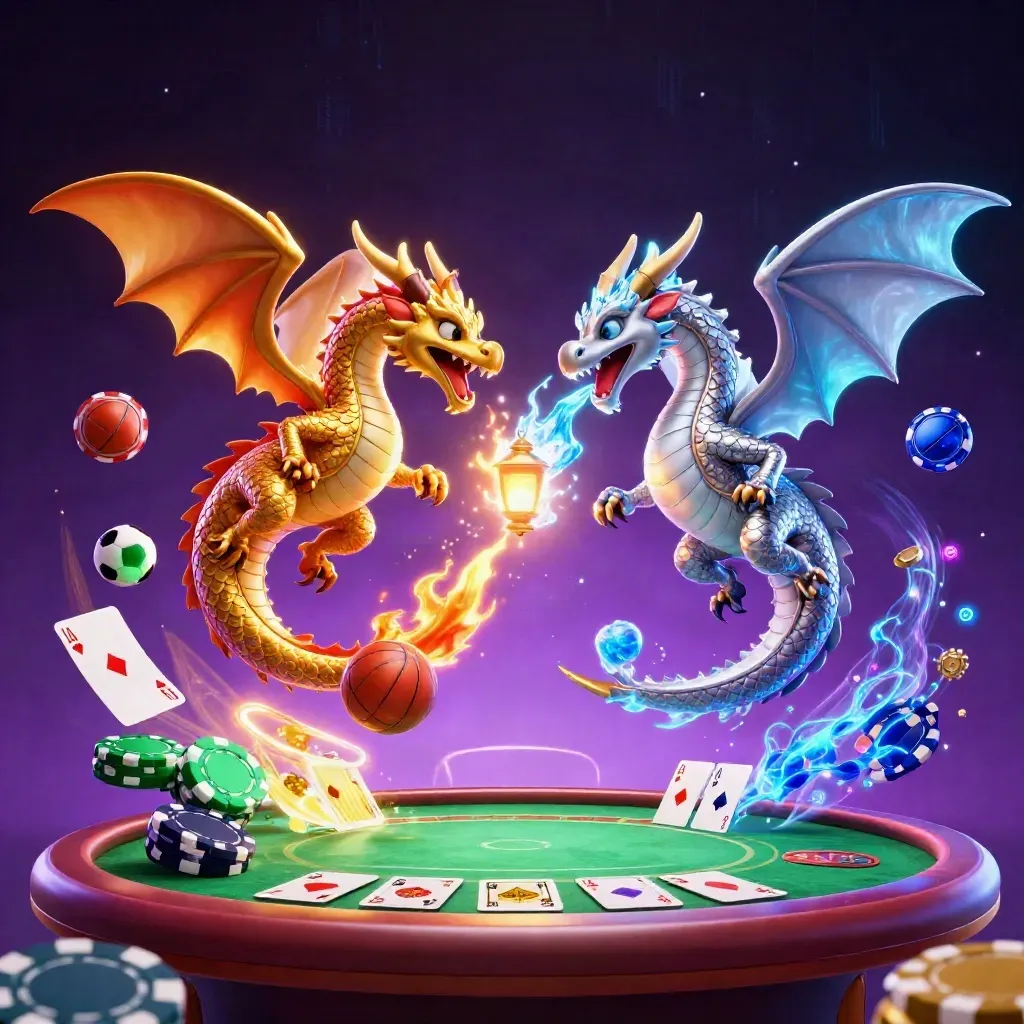 Gold and silver dragons spiral amid casino chips, cards, and sports balls in neon cosmic light.