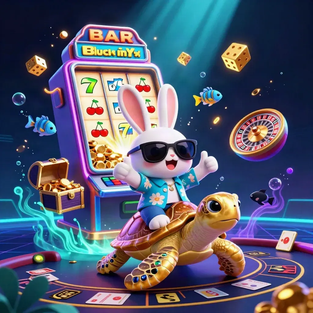 Lucky rabbit rides jeweled turtle amid casino bursts, neon glow and flying gold.