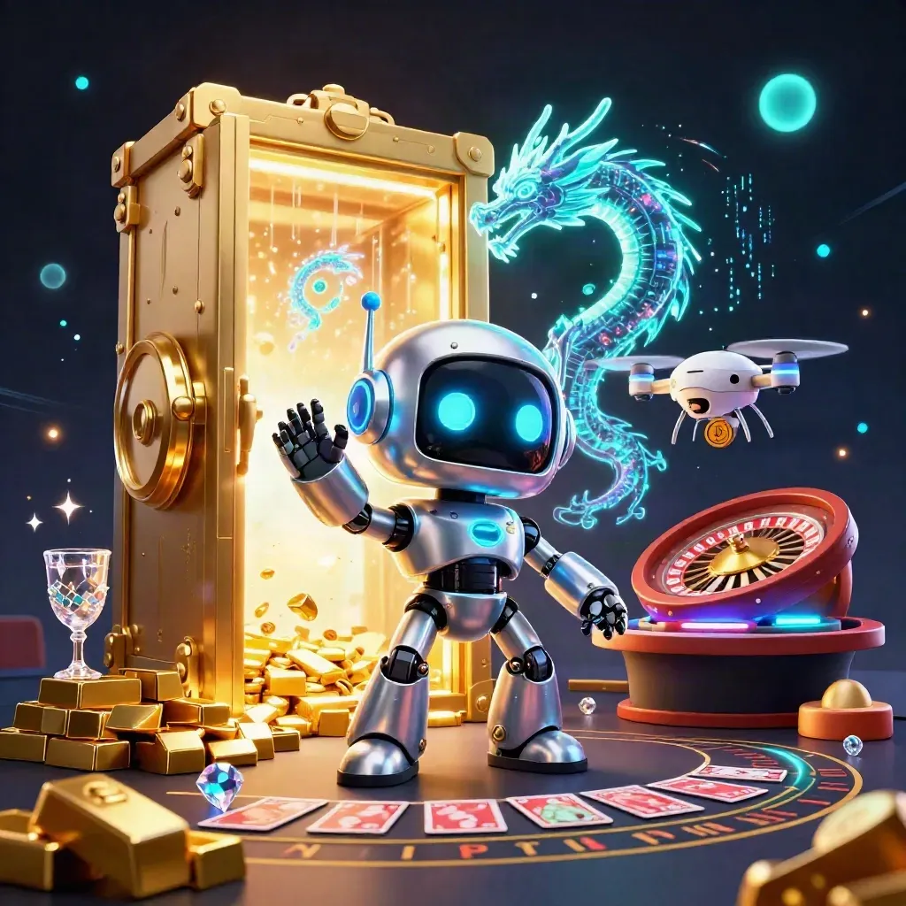 Cyborg robot, holographic dragon, and coin drone amid vault gold and neon casino light