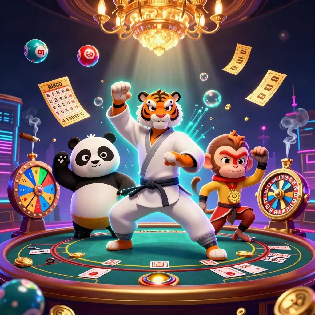 Kung-fu tiger, panda, and monkey amid neon casino lights, gold coins, and floating game elements.