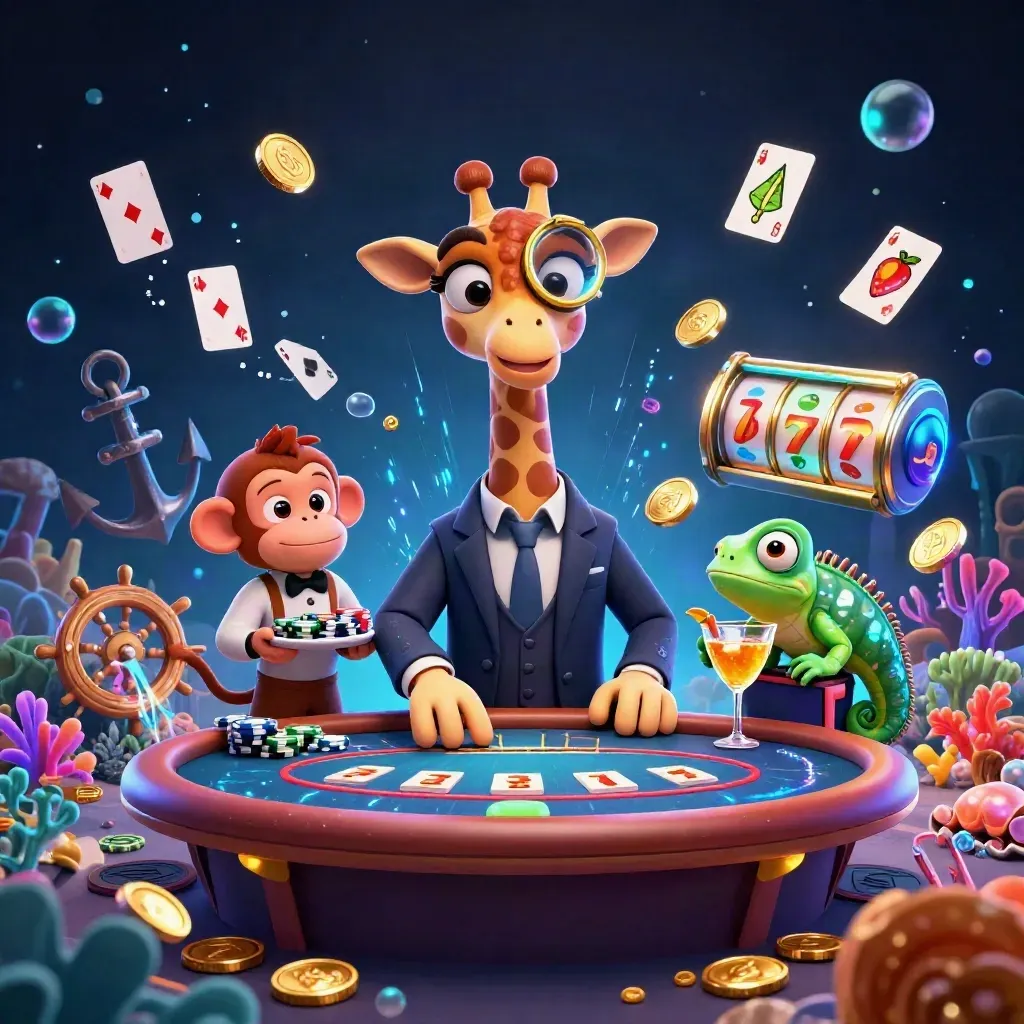 Suit-wearing giraffe, monkey valet, and chameleon bartender in a neon treasure-cove casino burst.