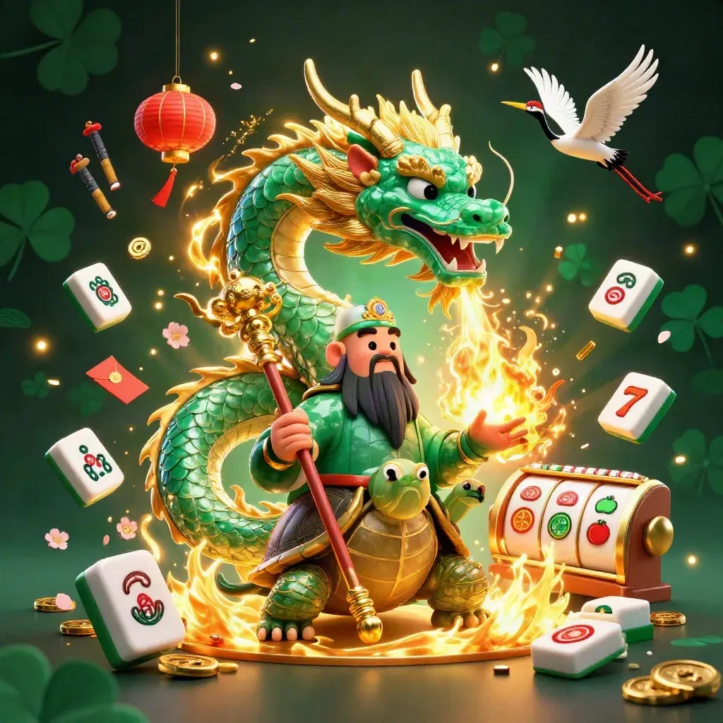 Emerald dragon, turtle sage, and cranes explode with casino treasure in neon green glory.