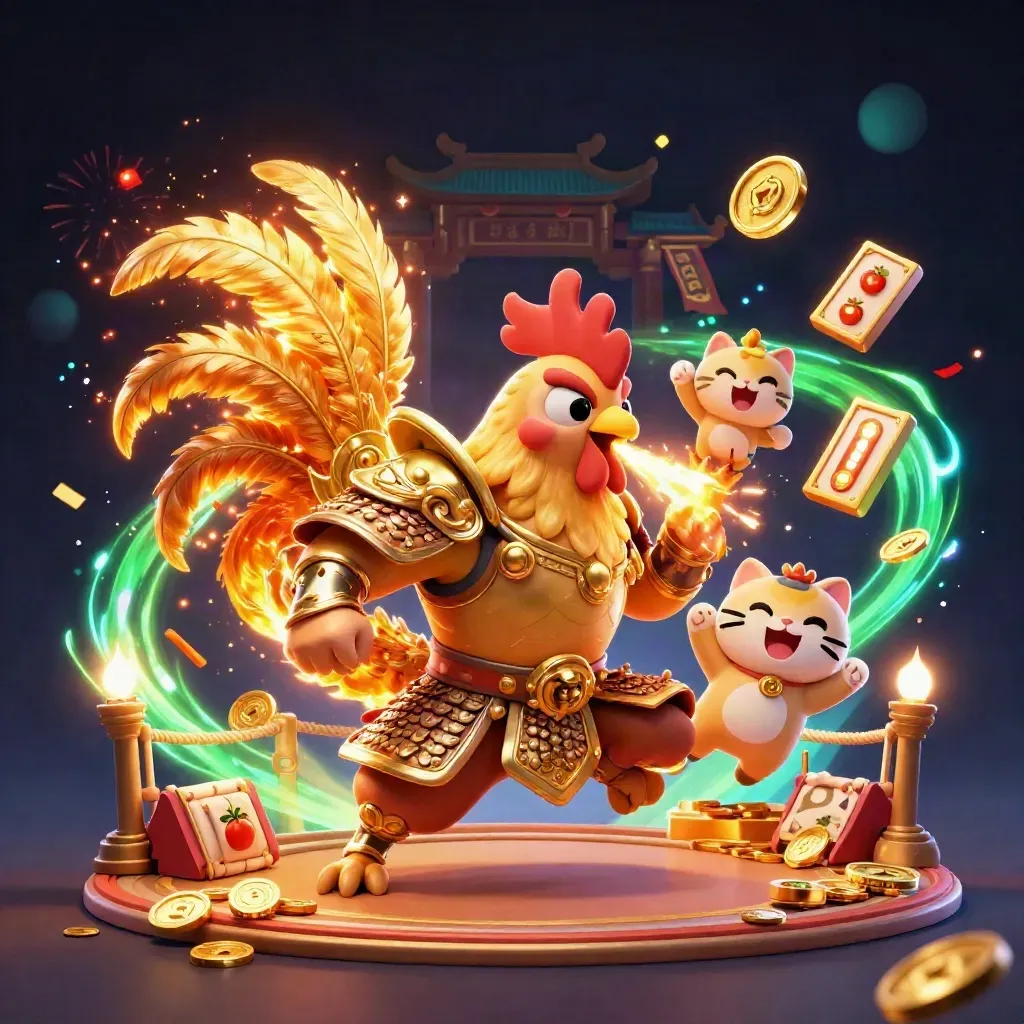 Rooster samurai, spark-breathing dragon hatchling, and cheering fortune cat amid neon green treasure burst.