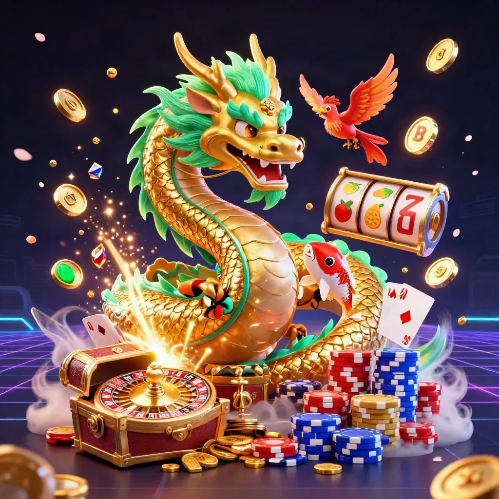 Golden dragon, phoenix, and koi erupting with coins, gems, and casino effects
