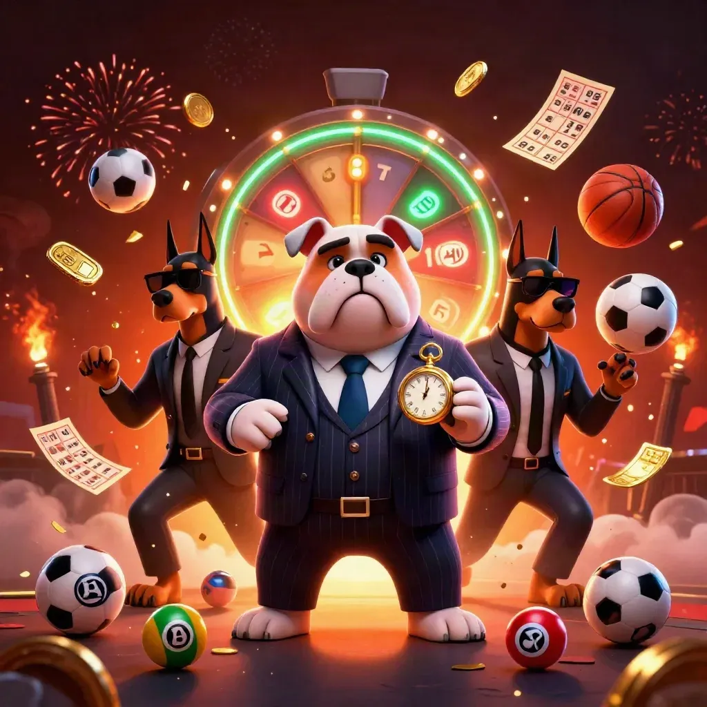 Bulldog boss and two Dobermans amid vault treasure, coins, fireworks, and casino game elements.