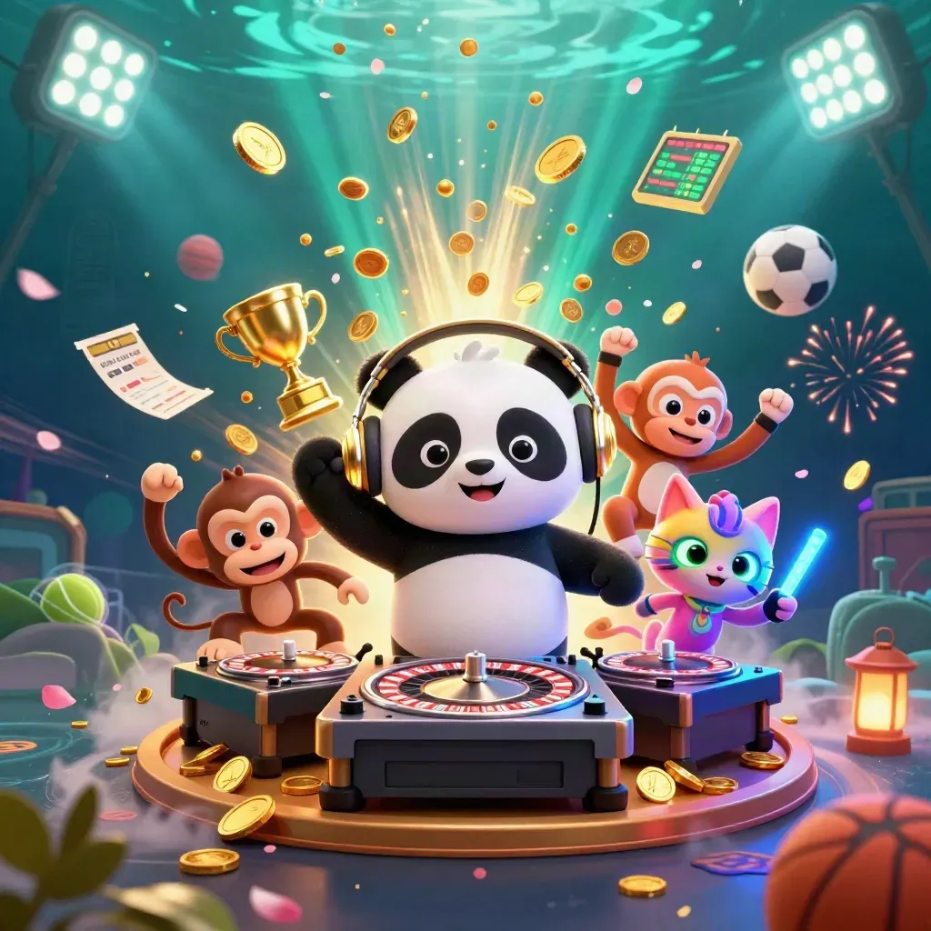 DJ panda, dancing monkey, and glow-stick kitten amid coins, trophy, balls, and fireworks.