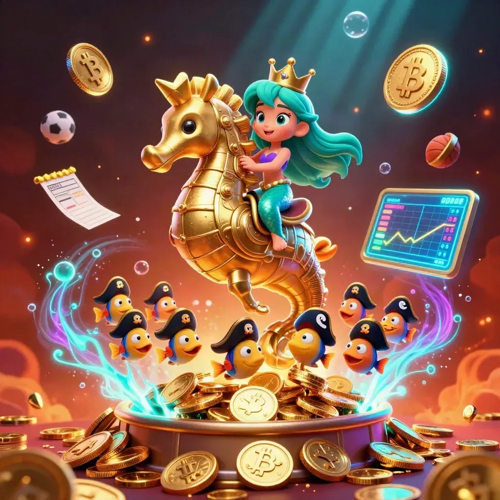 Mermaid princess on armored seahorse amid gold coins, crypto, sports props, and fireworks
