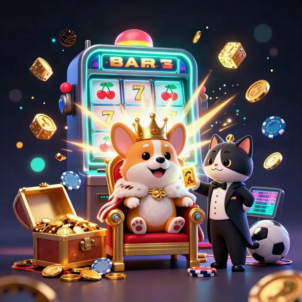 Royal corgi and cat butler amid a jackpot burst, coins, dice, and casino sports icons.
