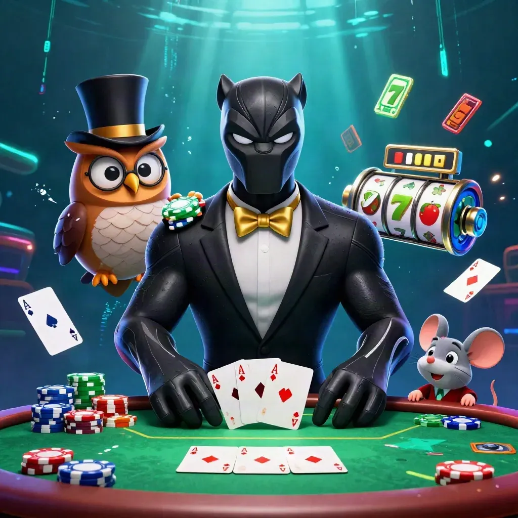 Black panther, owl and mouse over poker table with chips, aces, reels and neon casino effects.