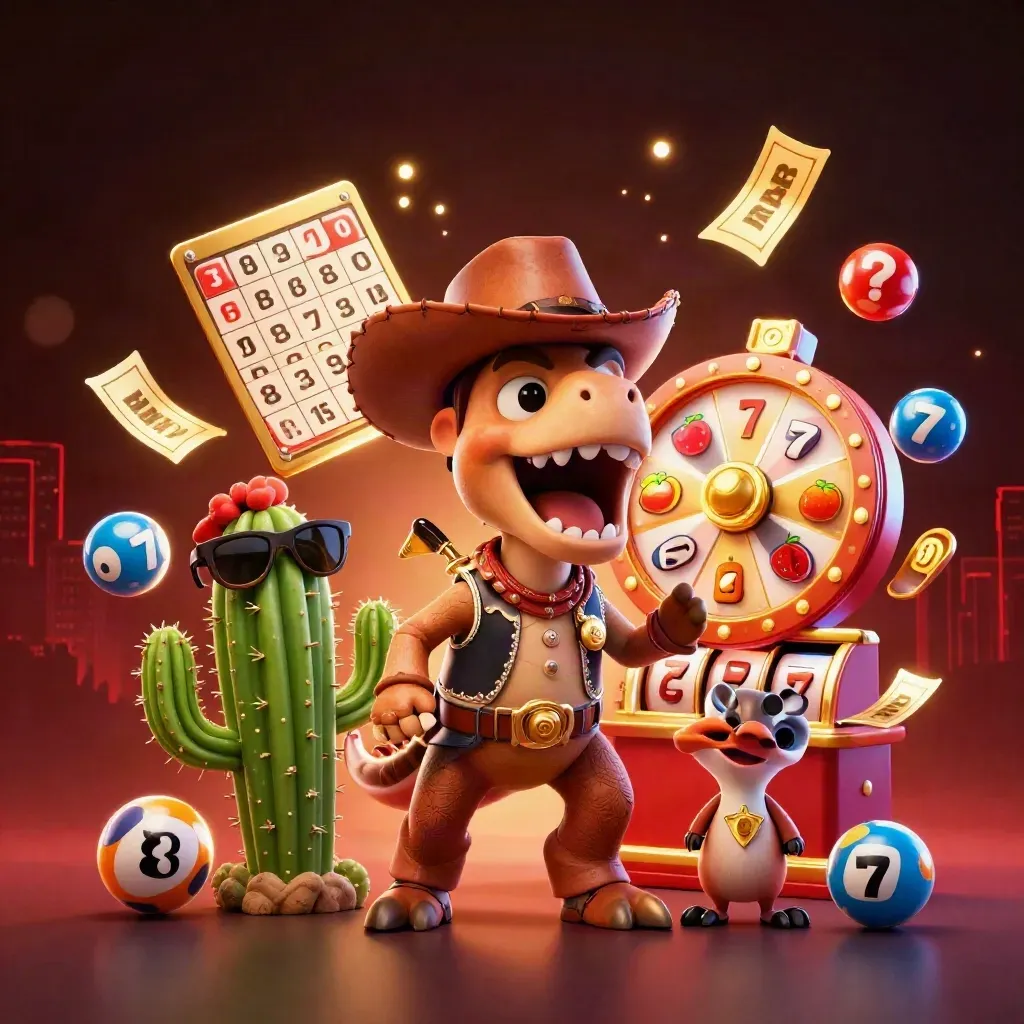 Cowboy T-Rex, cactus, and sheriff roadrunner explode with casino props and neon gold light
