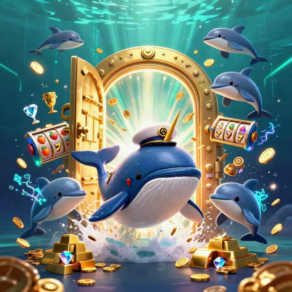Captain whale, narwhal, and dolphins bursting from coin waves around a glowing treasure vault.