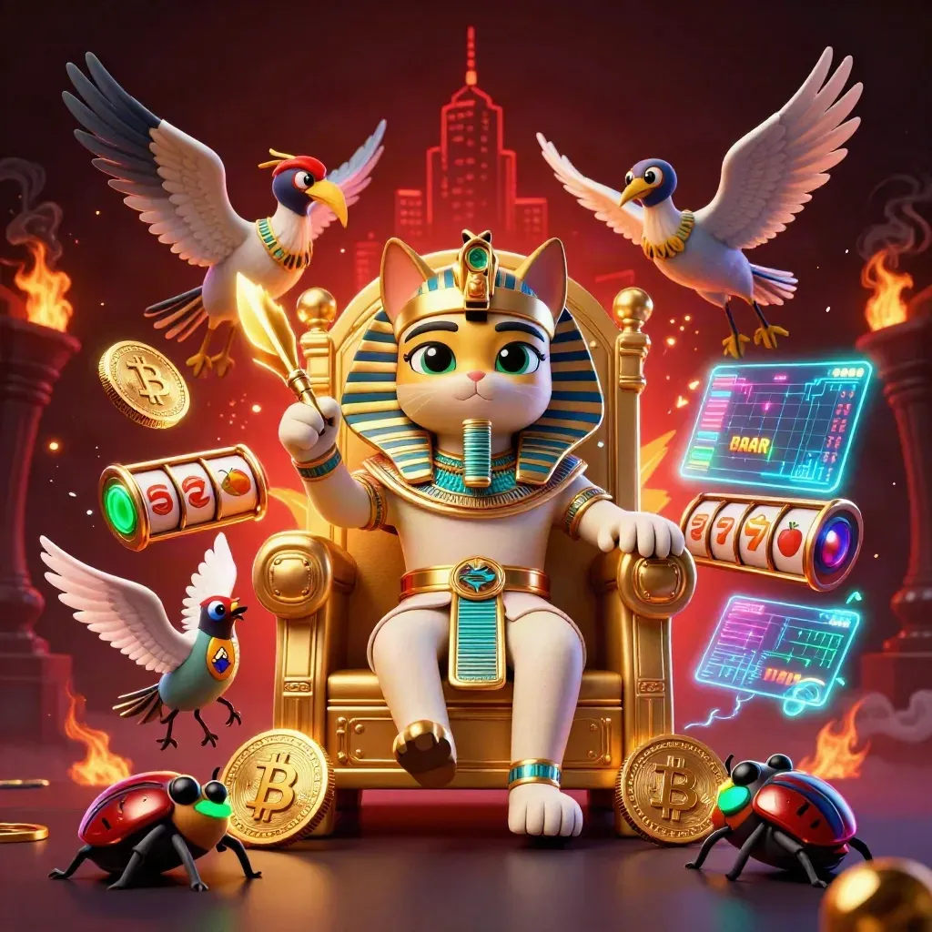 Pharaoh cat on throne with ibis scribe, gem-wing scarabs, coins, reels, neon effects