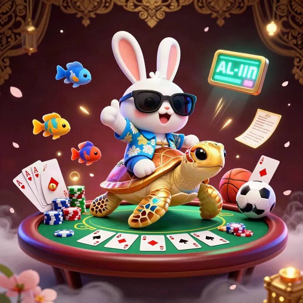 Lucky rabbit rides a gold turtle amid chips, cards, sports balls and glowing casino effects.