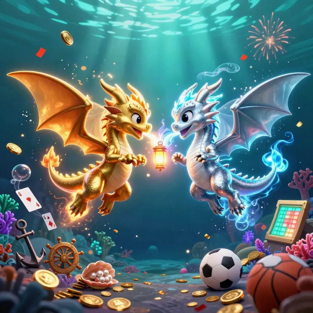 Twin gold and silver dragons spiral in an underwater treasure cove with neon sports-betting icons.