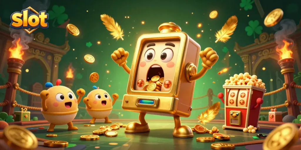 Mesin slot emas berlari jackpot dengan koin berjatuhan, simbol menyenangkan dalam aksi seru.