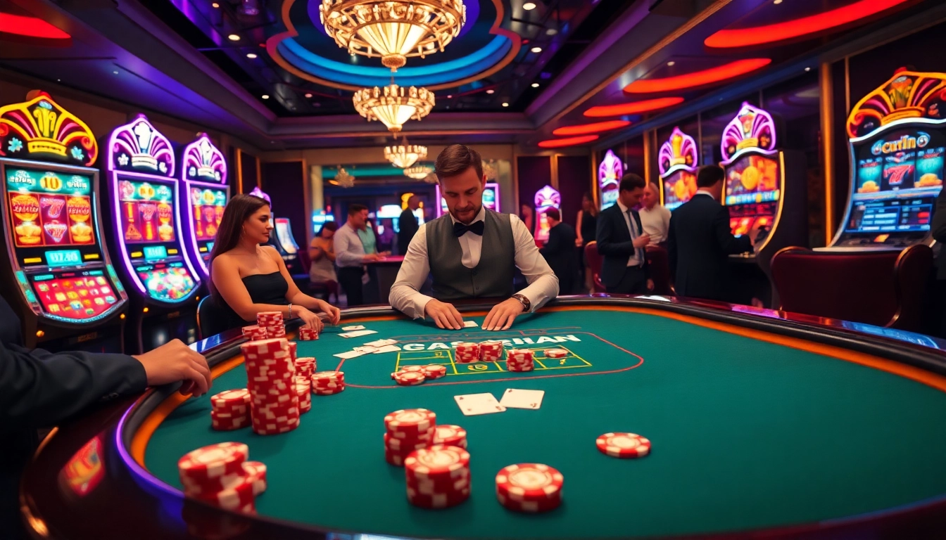 An exciting casino scene showcasing blackjack tables and slot machines, embodying the app 24kclub experience.