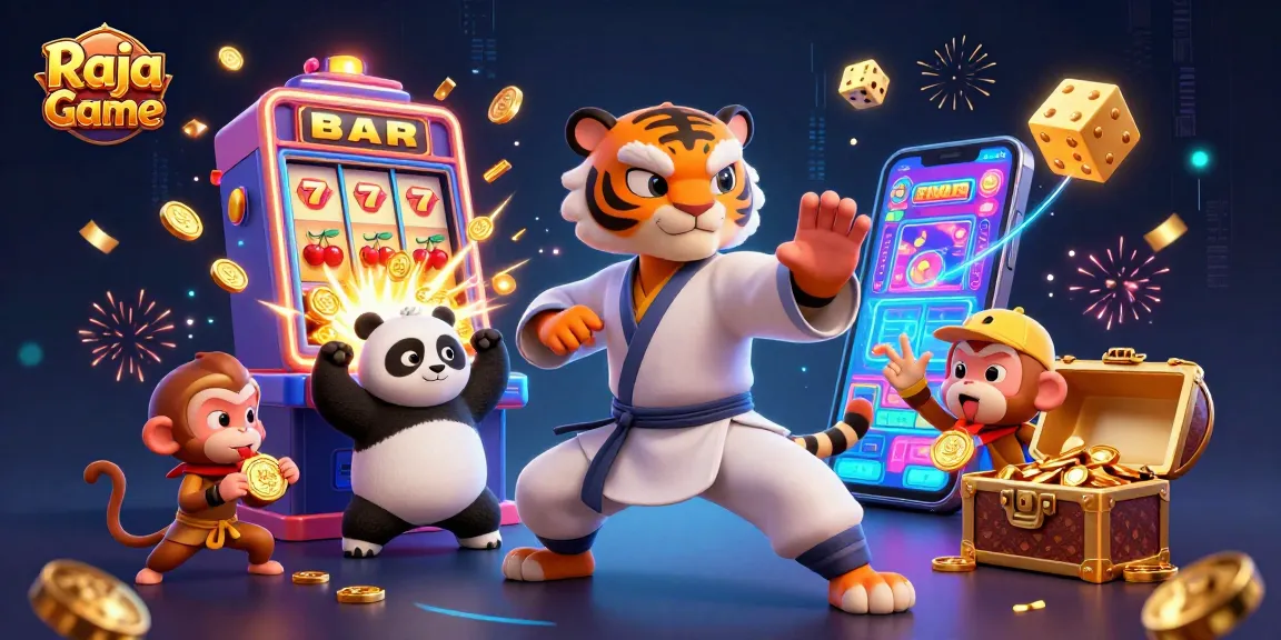 Experience the thrills of Raja Game with a dynamic illustration of exciting casino action and animated characters.