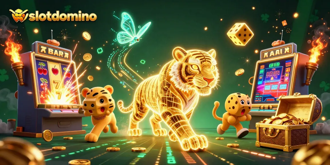 Merayakan kemenangan di wslotdomino dengan slot mesin 3D dan simbol keberuntungan yang menyala.