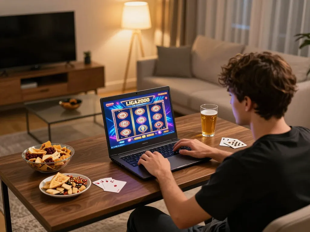 LIGA2000 gaming scene featuring a player engaged in an exciting slot game from a cozy home setup.