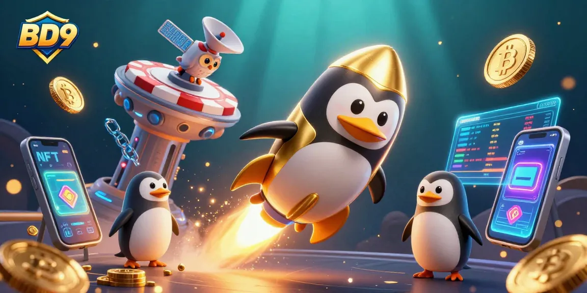 Bet on BD9 with a golden penguin racing to a casino space station surrounded by cryptocurrency elements.