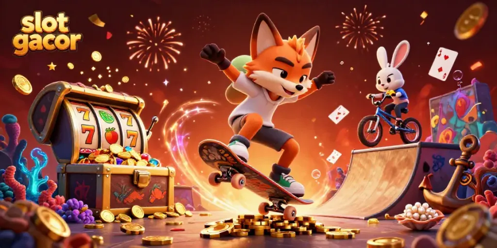 Experience the thrill of slot gacor with vibrant characters and exciting casino elements in a dynamic scene.