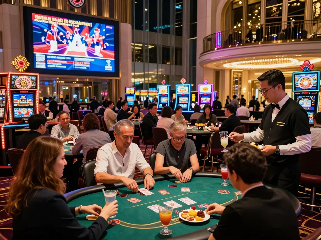 Casino Hong Kong with vibrant lights and diverse crowd enjoying card games and entertainment.