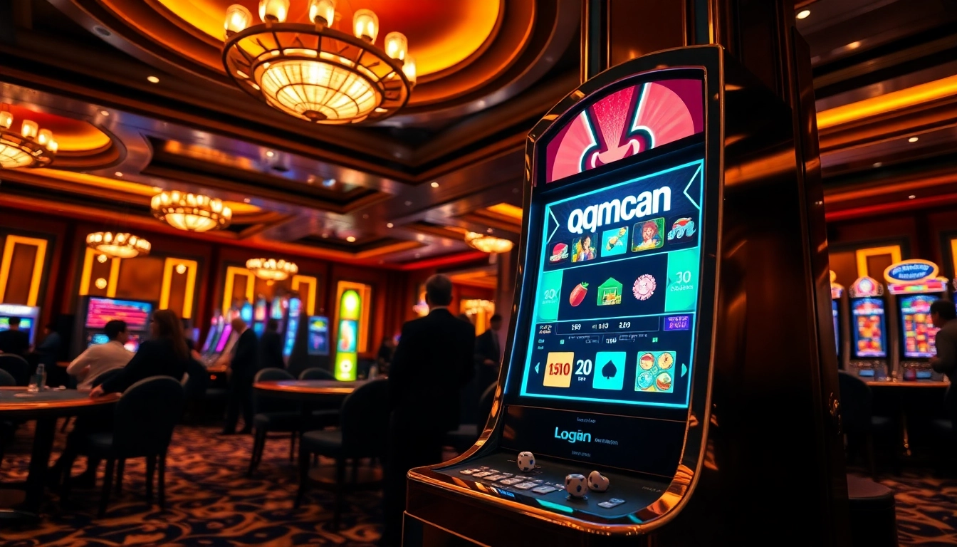 Experience the thrill of qqmacan login at a luxurious casino with vibrant slot machines and gaming tables.