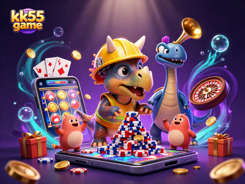 Engage in the thrilling kk55 game experience with vibrant casino elements and dynamic characters celebrating wins.