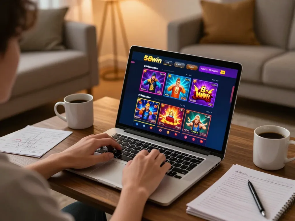 A player immersed in 56win's online casino experience at home, showcasing a vibrant gaming setup.
