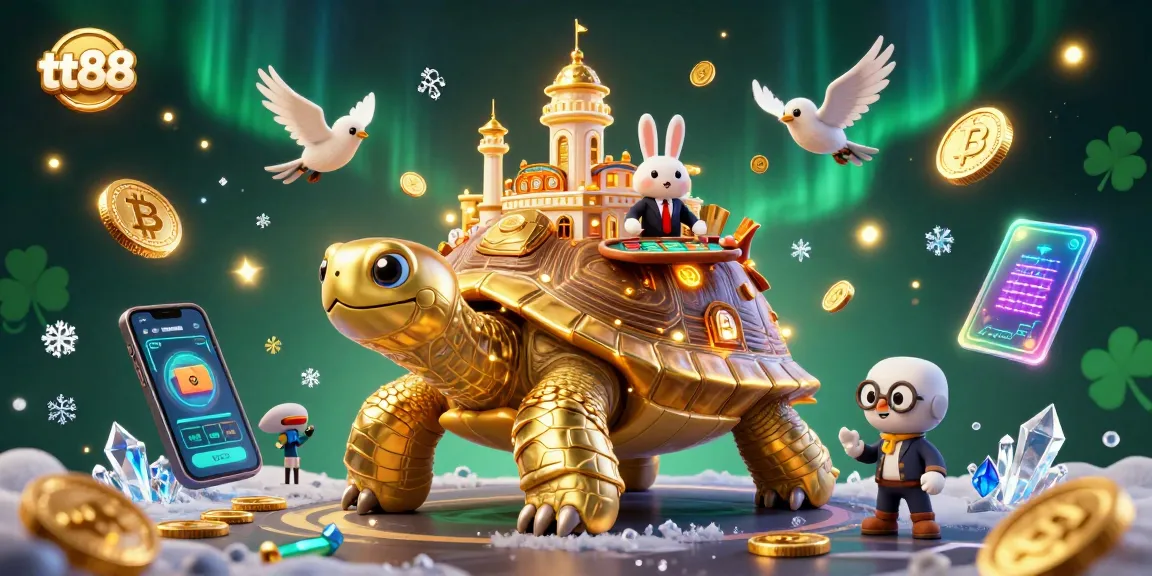 Experience the thrilling action of tt88, featuring a lively golden tortoise casino scene with dynamic elements and neon crypto coins.