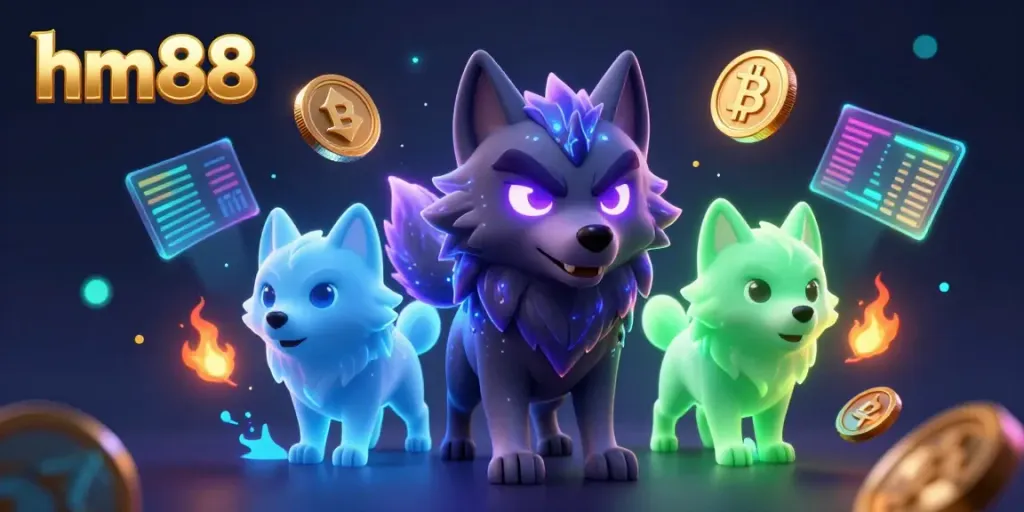 Experience thrilling online games with hm88’s stunning 3D casino illustration featuring ghostly wolves and crypto elements.