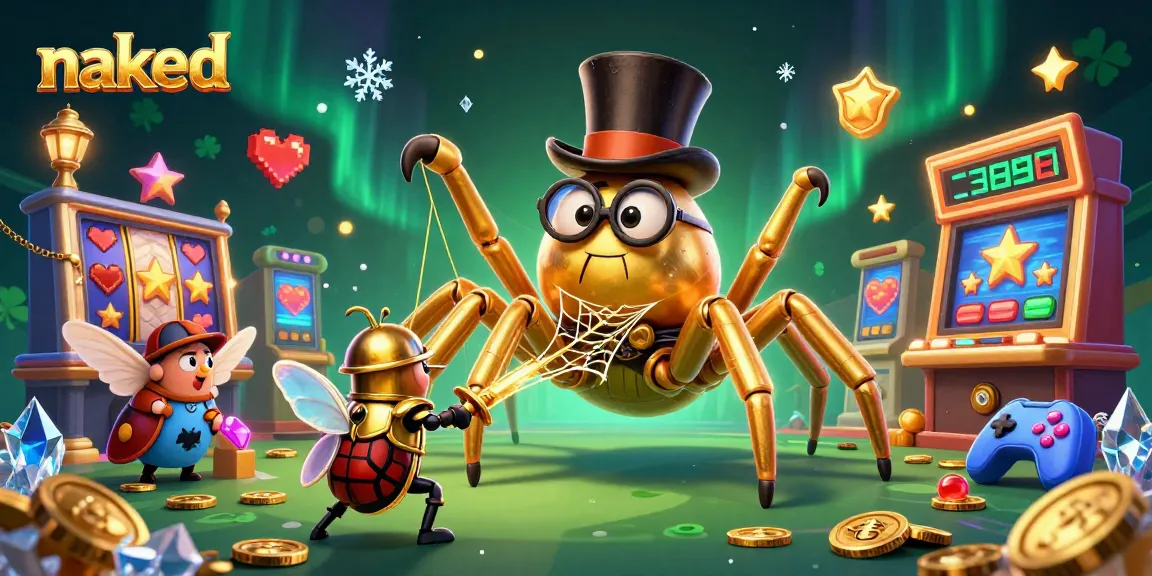 Naked beetle knight and golden tarantula weaving casino magic in dynamic 3D illustration
