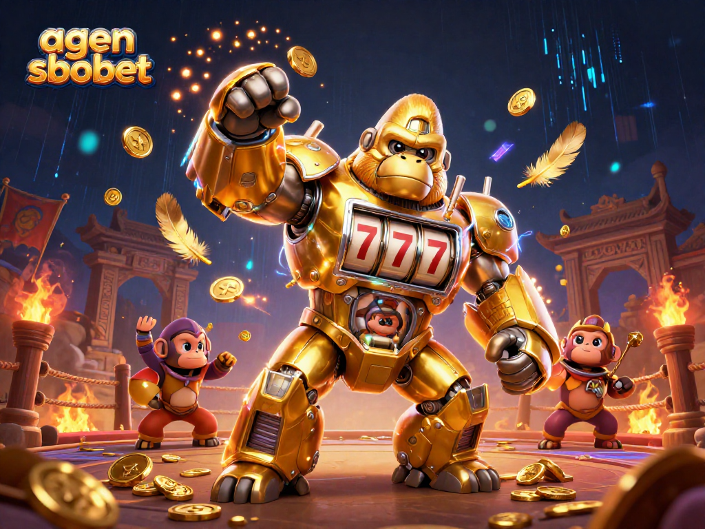 A dynamic 3D scene with a golden gorilla mech and monkey pilot showcasing agen sbobet sports betting excitement.