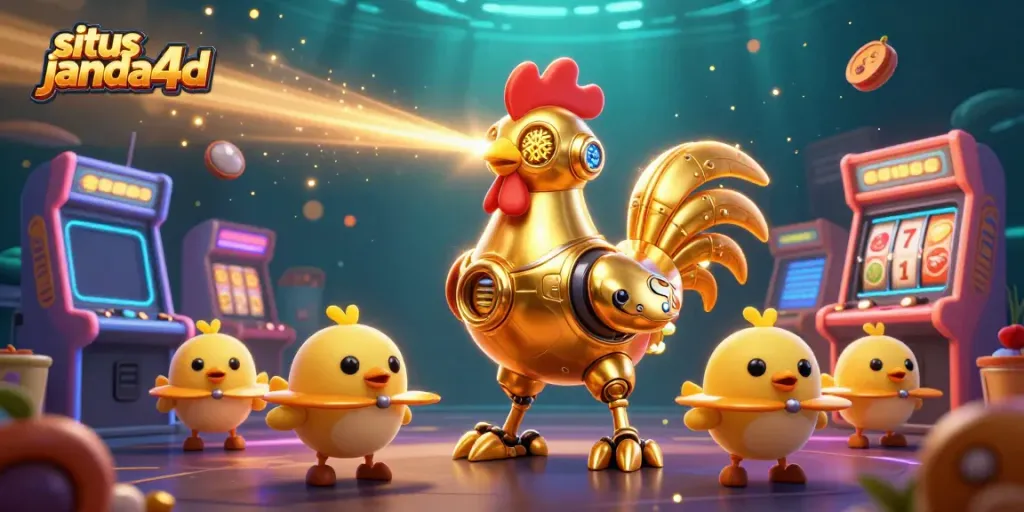Permainan togel situs janda4d dengan robot ayam emas dan drone anak ayam yang menembakkan sinar laser.
