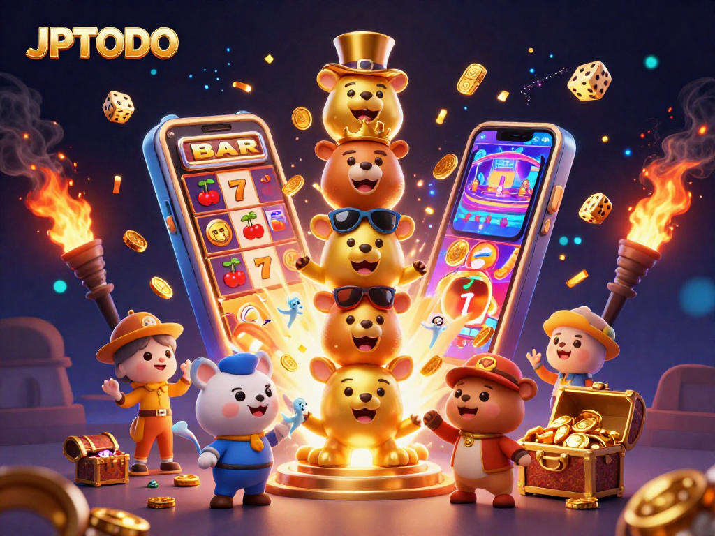 Engage with JPTOTO's vibrant illustration, showcasing slot machines, jackpot elements, and immersive casino visuals.