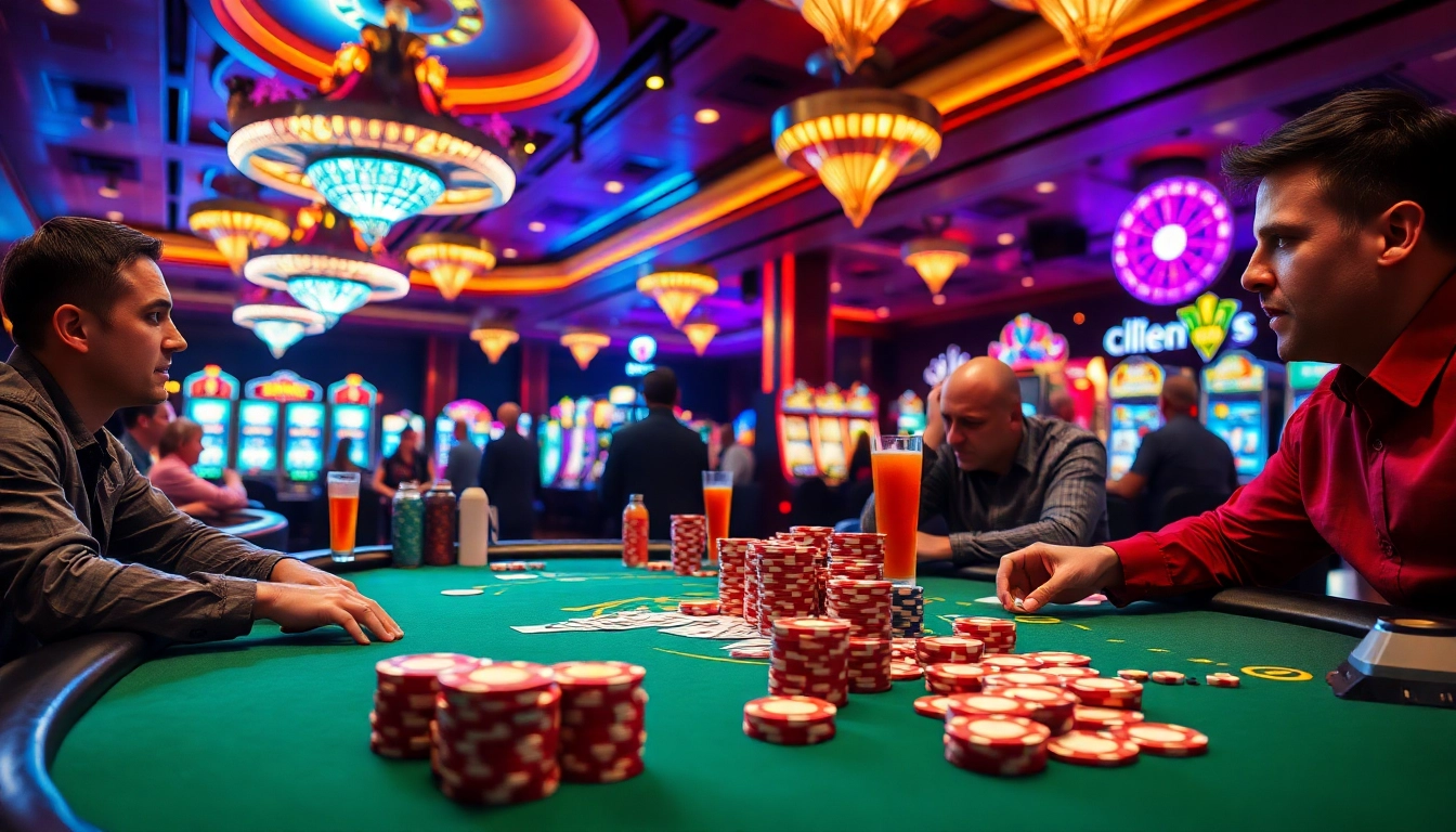 Bermain mahongtoto di meja poker dengan banyak chip dan pemain antusias.