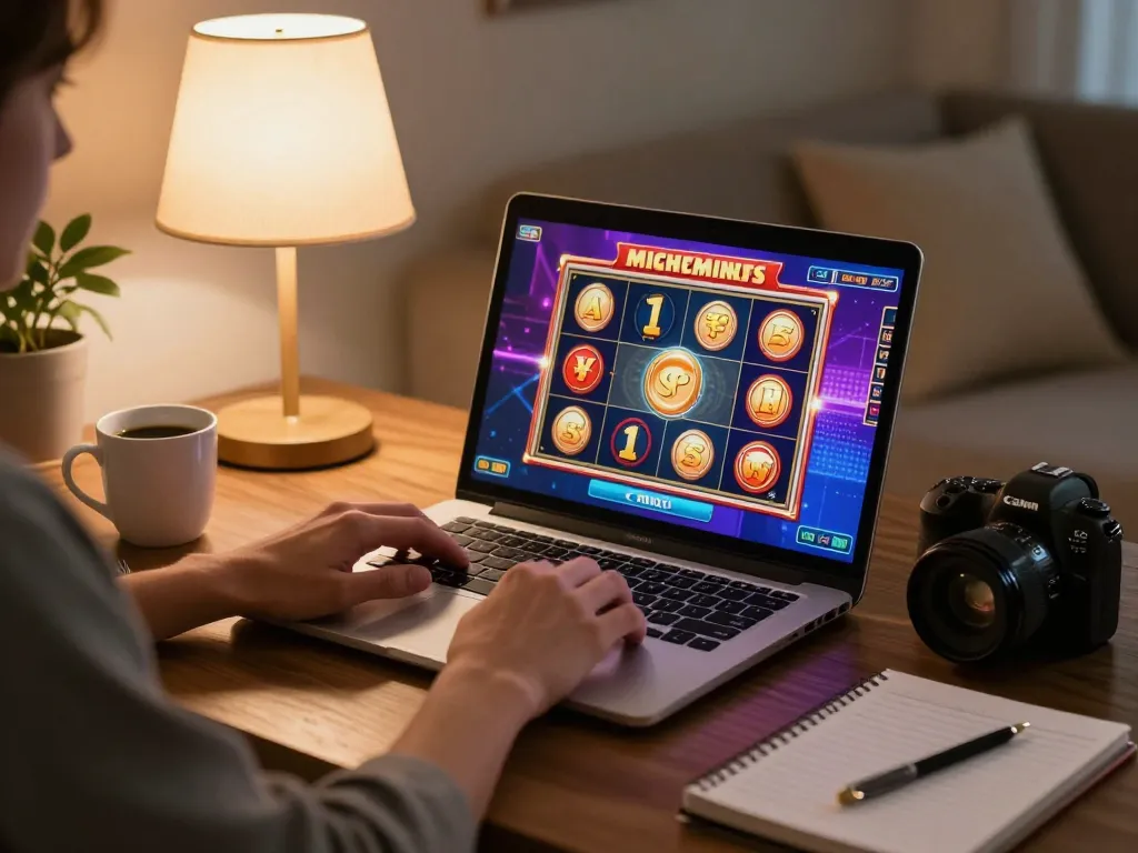 Player enjoying sun win slot games on a laptop in a cozy home setting