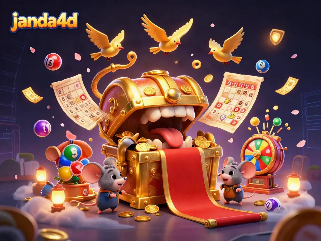 JANDA4D menampilkan keseruan permainan dengan karakter peti harta karun memikat dan bola lotere berwarna-warni yang dinamis.