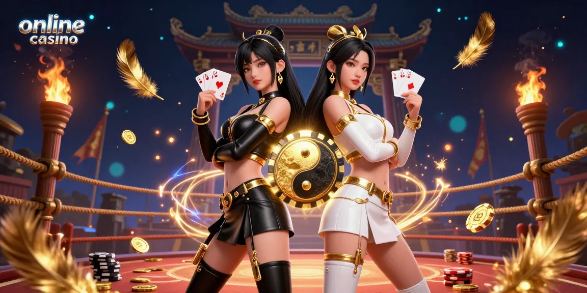 Engage with an online casino scene featuring twin Asian women holding playing cards and surrounded by dynamic casino elements.